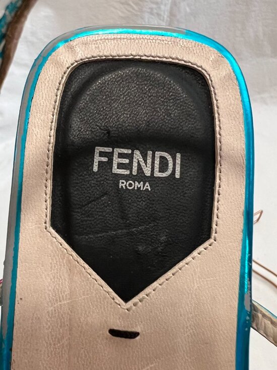 Fendi sandals metallic blue pink orange leather ankle strap toe loop 38 8 womens